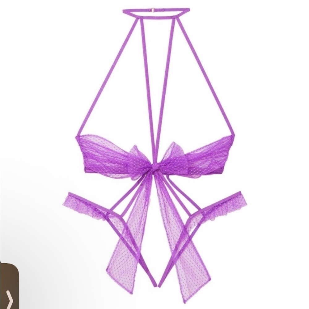 New! Victoria’s Secret Purple Tease Dotted Mesh Bow Overt Bodysuit 51994